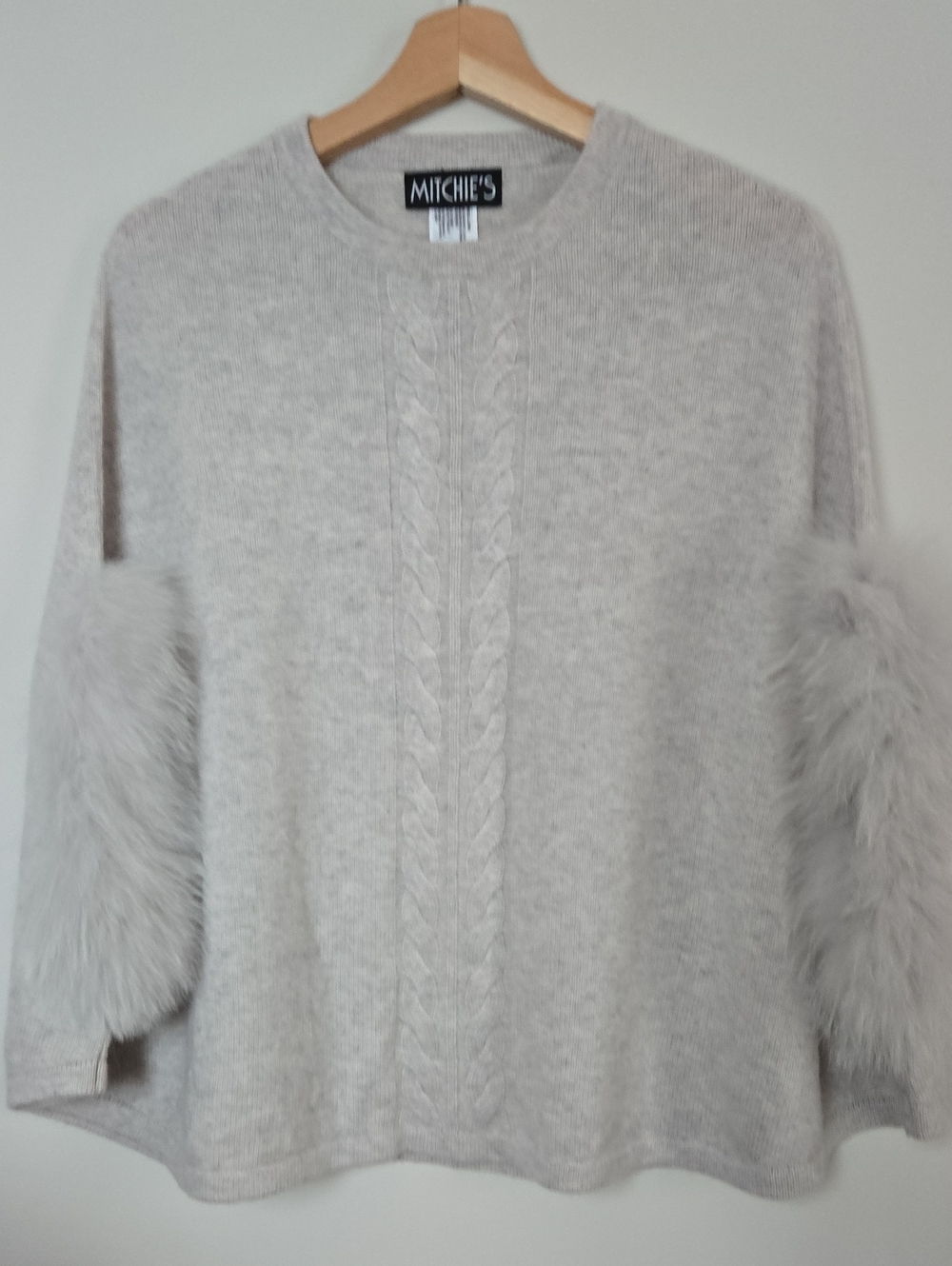 Mitchie's Light Grey Knit Wool Fox Fur Trim Poncho